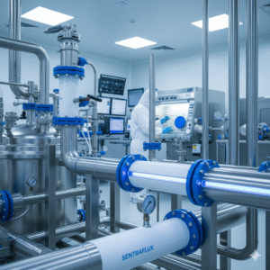 Interior view of a sterile pharmaceutical manufacturing facility with extensive stainless steel piping and valves. A worker in a cleanroom suit operates equipment in the background, emphasizing hygienic and contamination-free fluid transfer systems.