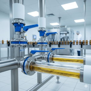 Bright, clean interior of a food and beverage processing facility with stainless steel pipelines and clear sections showing liquid flowing through. Blue-handled valves and a bottling line with products in the background emphasise safe, non-reactive systems for food-grade purity and compliance.