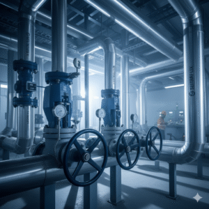 Interior of a power plant showing a dense array of large metal pipes, blue industrial valves with handwheels, and pressure gauges, bathed in a cool, bright light. A worker in a hard hat is visible near control panels in the background, signifying advanced flow control and reliability in critical operations.