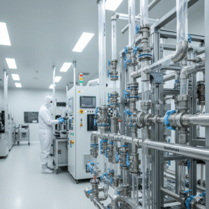 Interior of an ultra-clean semiconductor manufacturing cleanroom, featuring intricate stainless steel and clear polymer piping systems with blue valves in the foreground. A technician in a full cleanroom suit operates advanced machinery in the background, illustrating precise, contamination-free handling of process chemicals for chip fabrication.