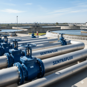 Outdoor view of a modern water treatment plant with multiple large circular settling tanks and extensive blue-valved pipelines running across the foreground under a clear sky. The scene conveys efficient and protective polymer-lined systems for water and wastewater.