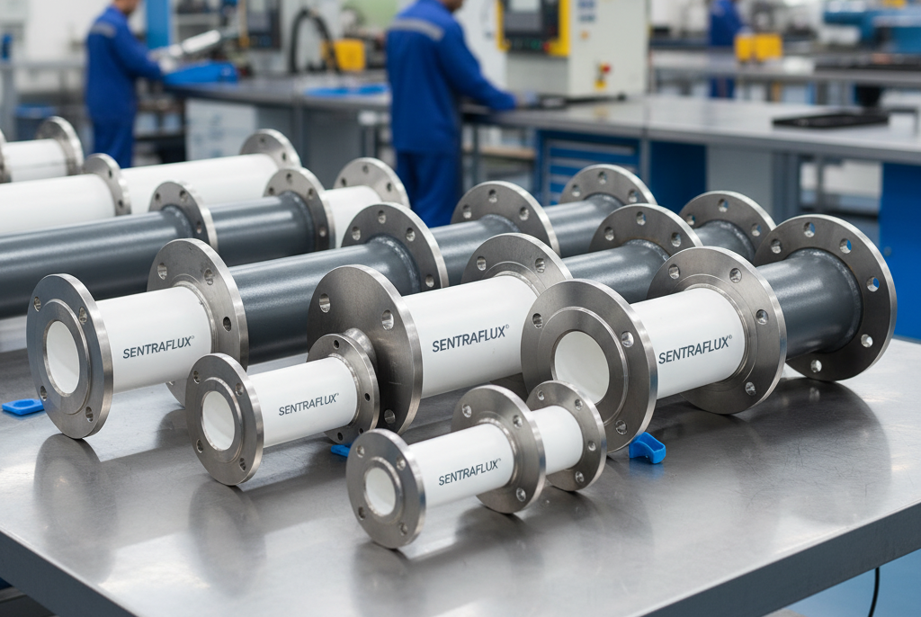 An array of PTFE Spool Pipes (Schedule 40, ANSI 150#) in different diameters, highlighting the fixed and loose flange configuration and the smooth, white PTFE lining for corrosion-proof chemical transport.