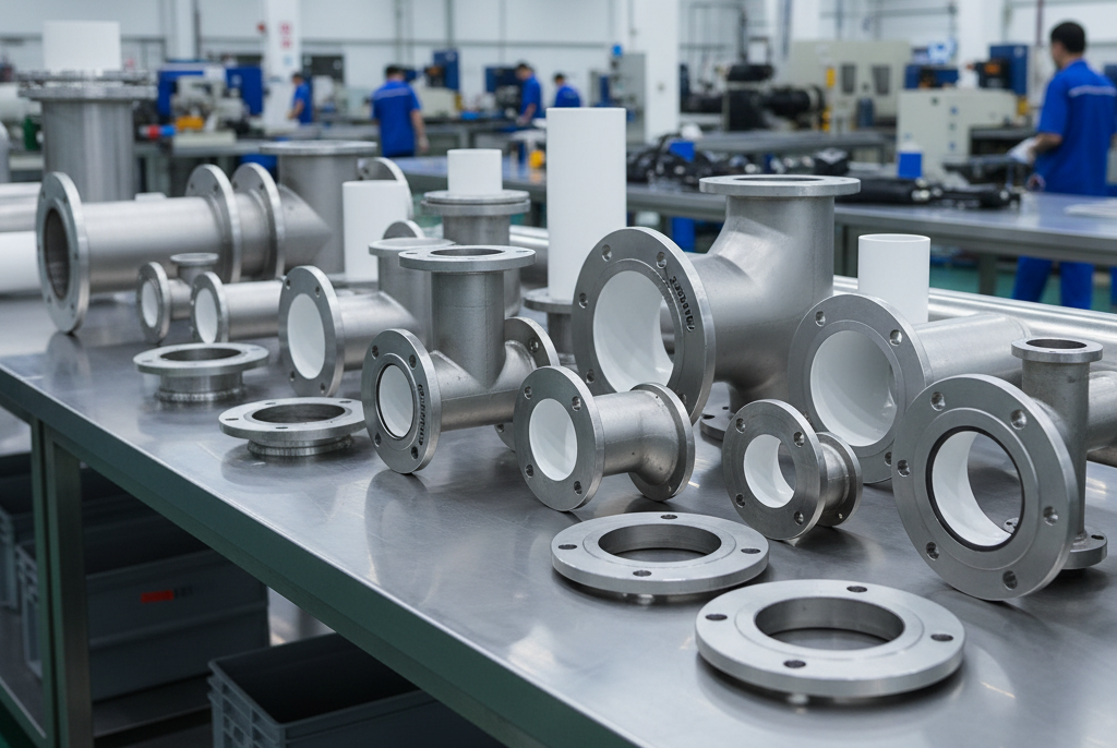 An assortment of PFA/FEP Lined Pipes and Fittings (Schedule 40, ANSI 150#) in various lengths and configurations, showcasing the thick, smooth internal fluoropolymer lining for extreme corrosion resistance.