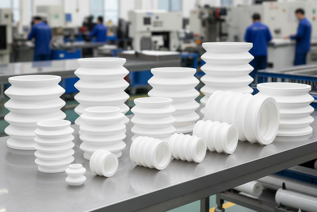 Close-up of a virgin PTFE Bellows expansion joint, showing its convoluted structure designed to absorb axial, radial, and thermal movement in high-pressure, corrosive chemical piping systems.