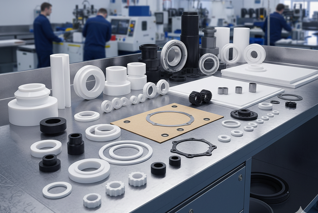 Assortment of custom PTFE components, including V-rings, O-rings, U-seals, and bushings, machined in both white virgin and colored filled PTFE grades for specialized sealing and bearing applications.