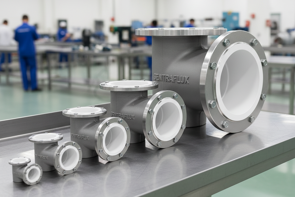 An industrial PTFE Lined Equal Tee (ANSI 150#) with three equal-sized flanged ports, showing the internal fluoropolymer lining for corrosion-proof flow division and safe handling of aggressive chemicals.