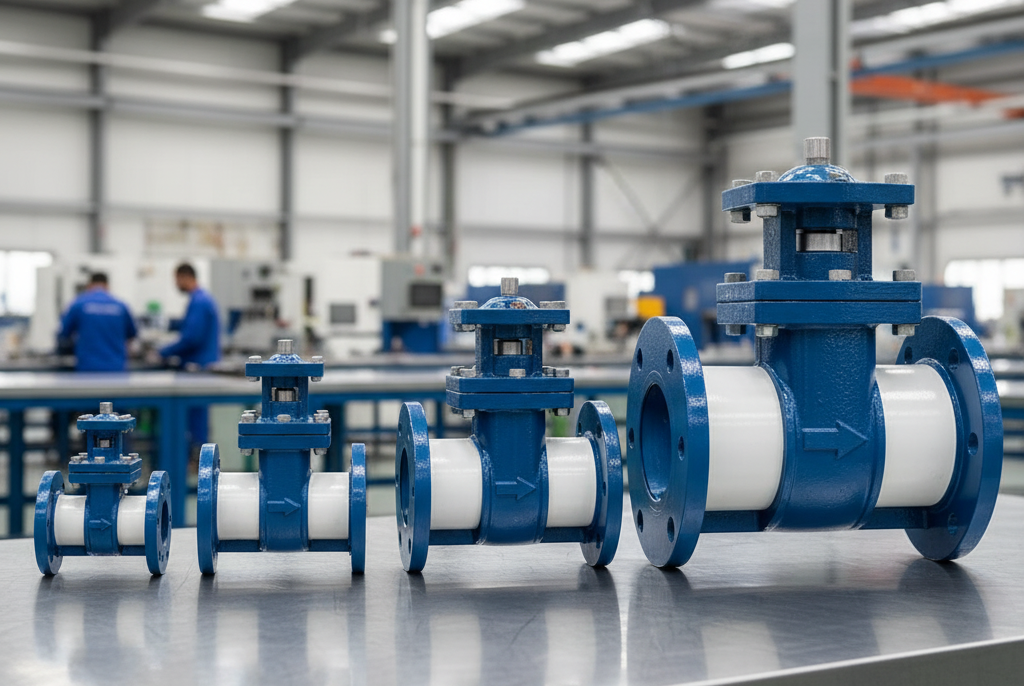 Industrial FEP/PFA Lined Ball Check Valve (Flange Class 150) with an arrow marking the flow direction, designed for automatic, low-maintenance backflow prevention in corrosive chemical service.