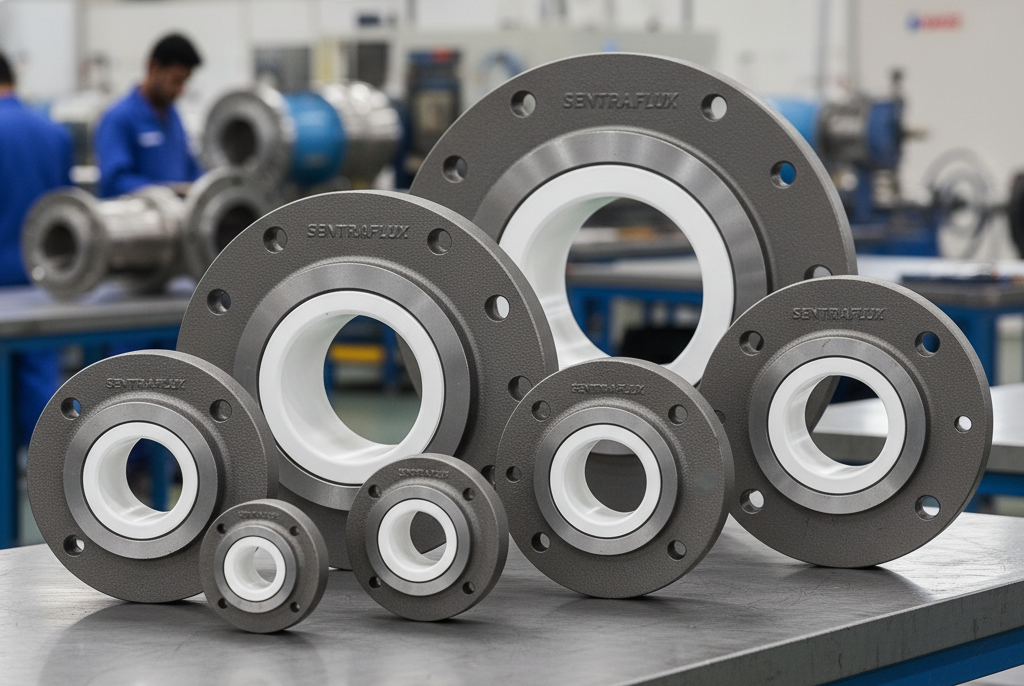 Industrial PTFE Lined Reducing Flange (ANSI 150#) showing the transition between two different pipe bores, with the internal fluoropolymer lining visible for corrosion-free size reduction in chemical pipelines.
