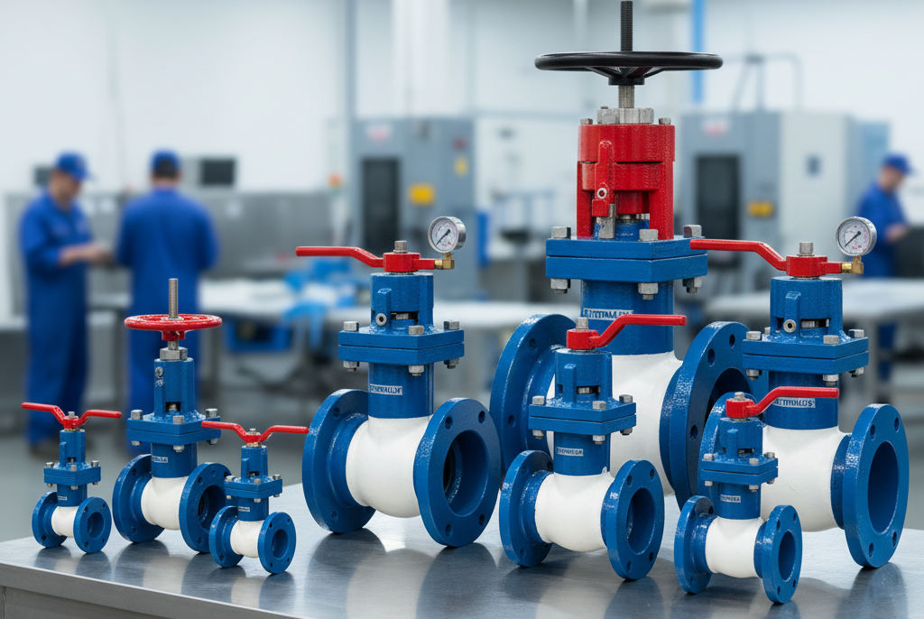 Industrial FEP/PFA Lined Plug Valve (Single Piece Design) with a cast metal body, used for bubble-tight shutoff and full flow efficiency in highly corrosive chemical pipelines.