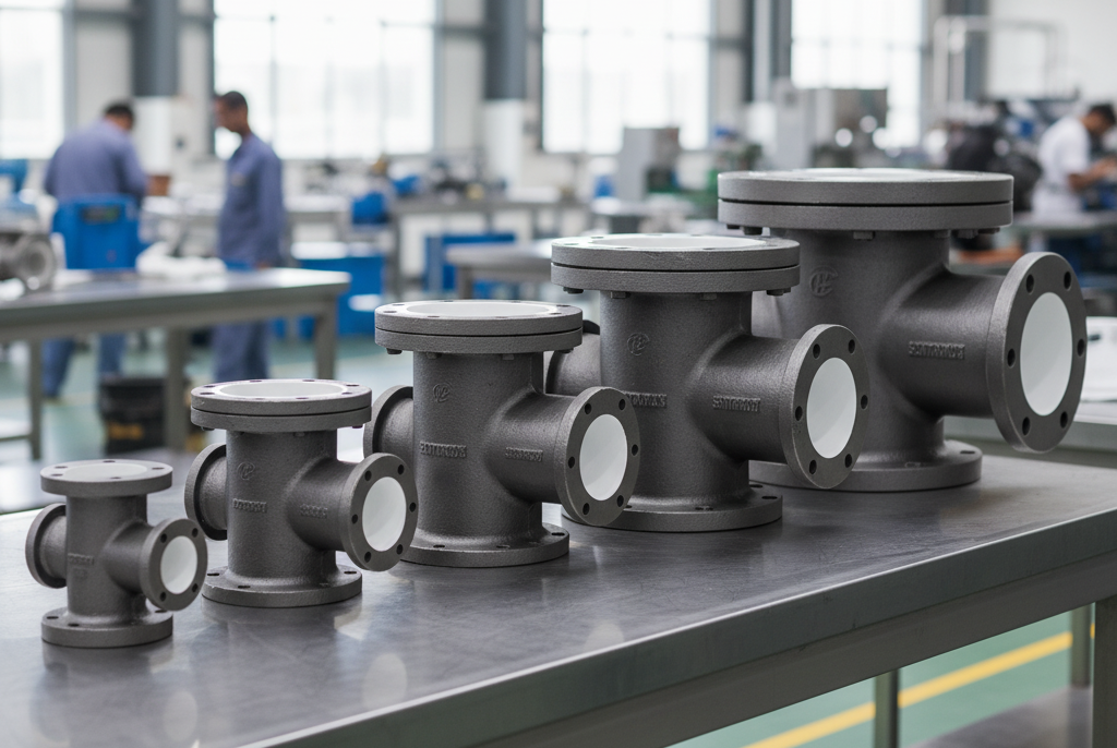 Industrial PTFE Lined Instrument Tee (ANSI 150#) with a small, flanged branch connection for instrumentation, showcasing the internal fluoropolymer lining for corrosion-proof monitoring of aggressive chemicals.