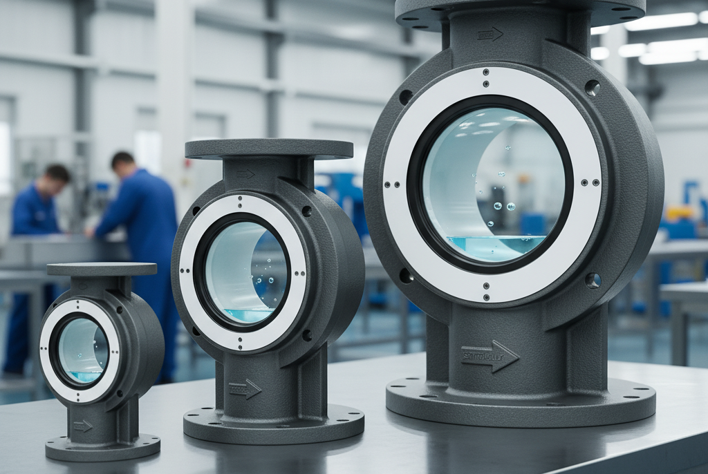 An industrial PTFE Lined Side Flow Indicator (ANSI 150#) with Borosilicate Glass windows and internal fluoropolymer lining, used for safe visual verification of flow and color in corrosive chemical process lines.