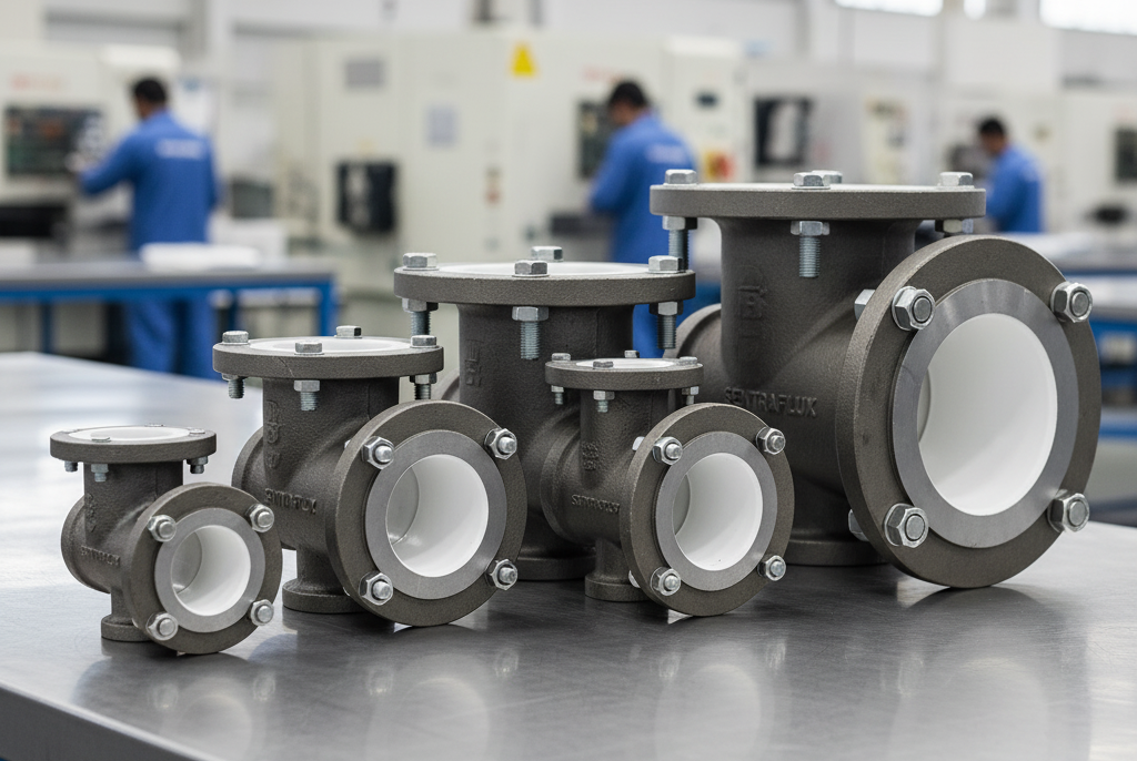 Industrial PTFE Lined Unequal Tee (ANSI 150#) with three flanged ports of varying sizes, showing the internal fluoropolymer lining for corrosion-proof flow division and reduction in chemical processing.