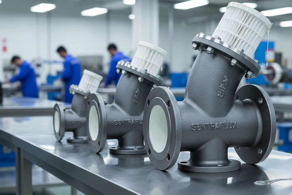 Industrial PTFE Lined Y-Type Strainer (ANSI 150#) with a bolted cap and internal fluoropolymer lining, designed for mechanically filtering corrosive process media and protecting sensitive downstream equipment.