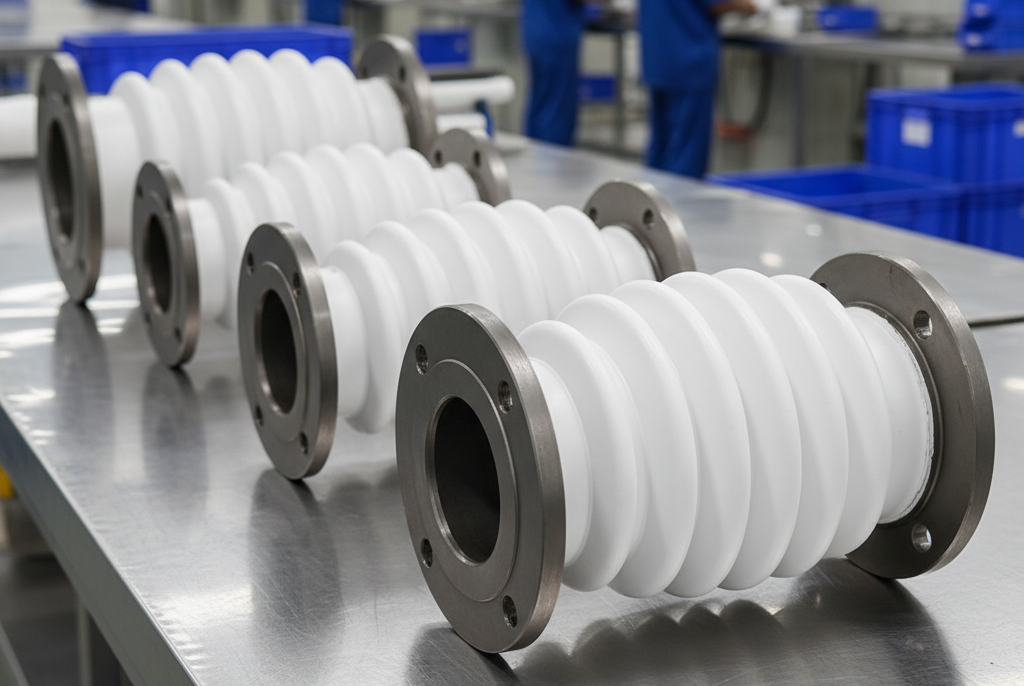 Industrial Pure PTFE Moulded Expansion Bellows (25 NB to 250 NB) with metal flanges, featuring multiple convolutions designed to absorb thermal expansion, vibration, and angular movement in corrosive chemical pipelines.