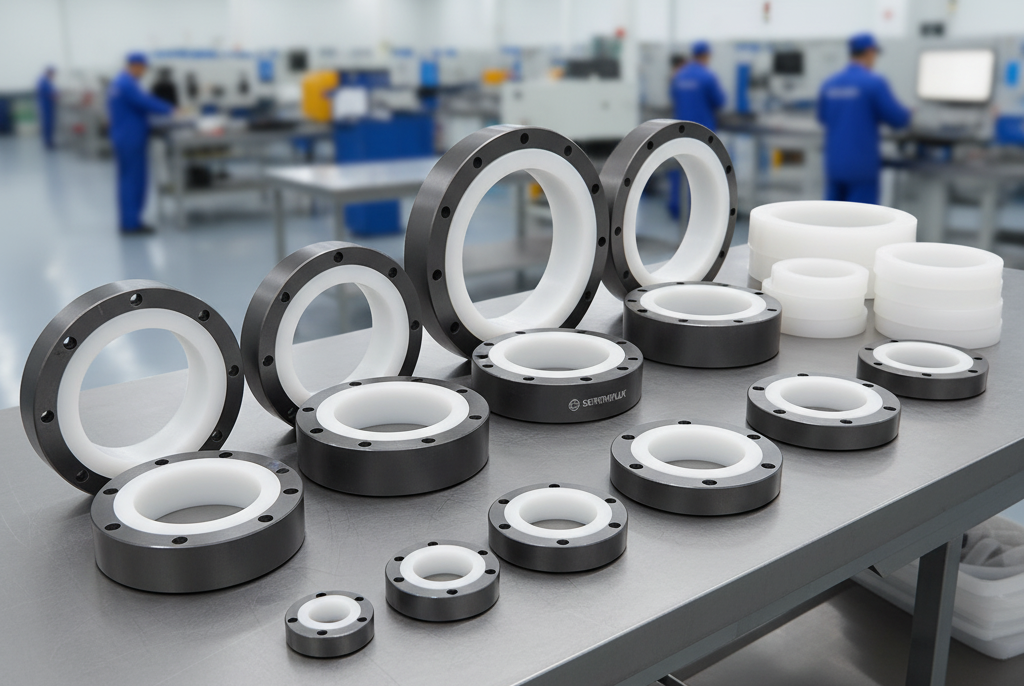 An assortment of PTFE Spacers including a Carbon Steel (CS) Lined Spacer and a Pure PTFE Spacer, used for precise flange alignment and providing a corrosion-proof sealing surface in flanged pipeline connections.