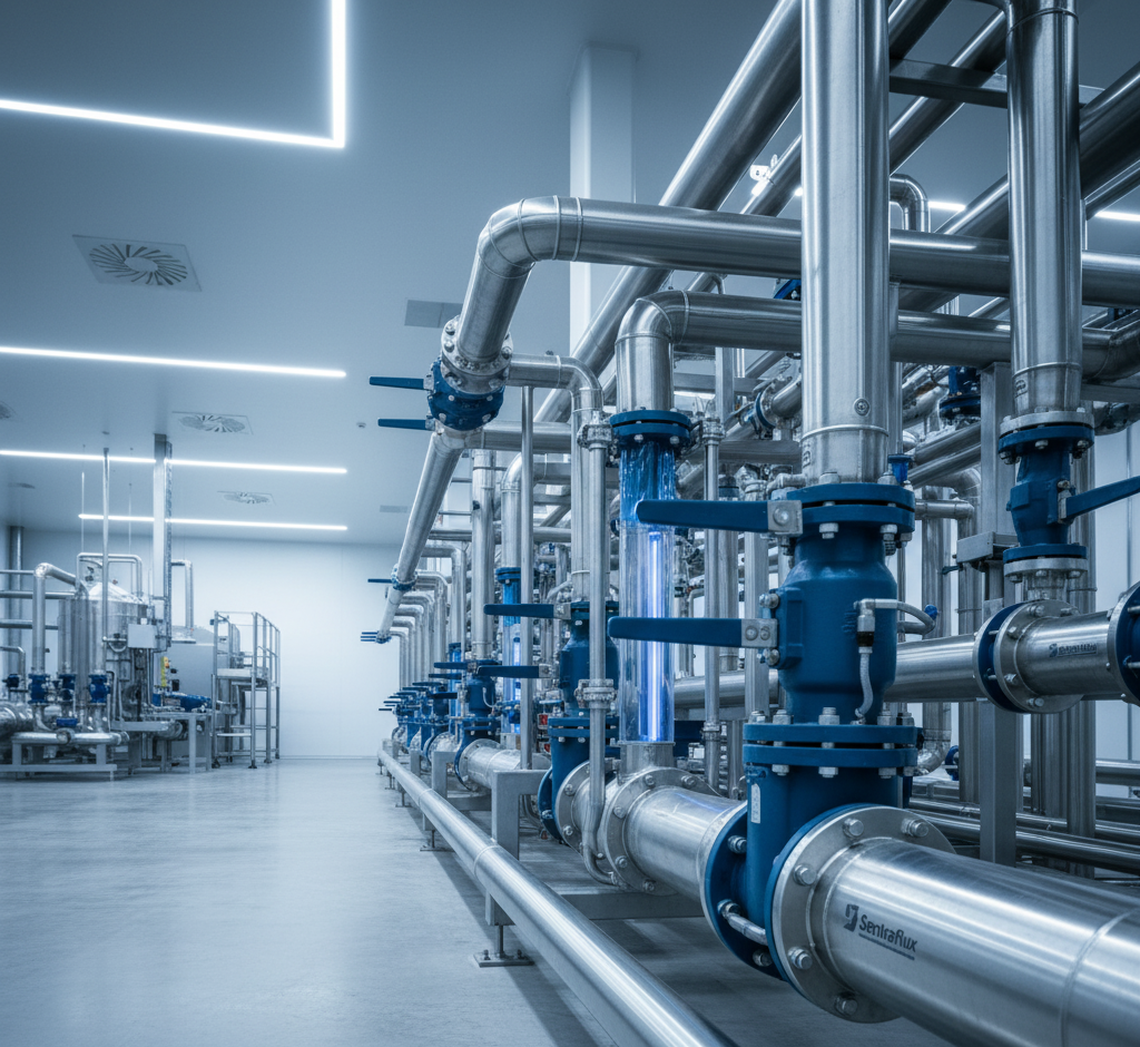 Detailed view of a complete corrosion-resistant fluid control system, featuring a network of fluoropolymer-lined pipes, elbows, and blue-handled valves, highlighting PTFE/FEP lining for chemical inertness.
