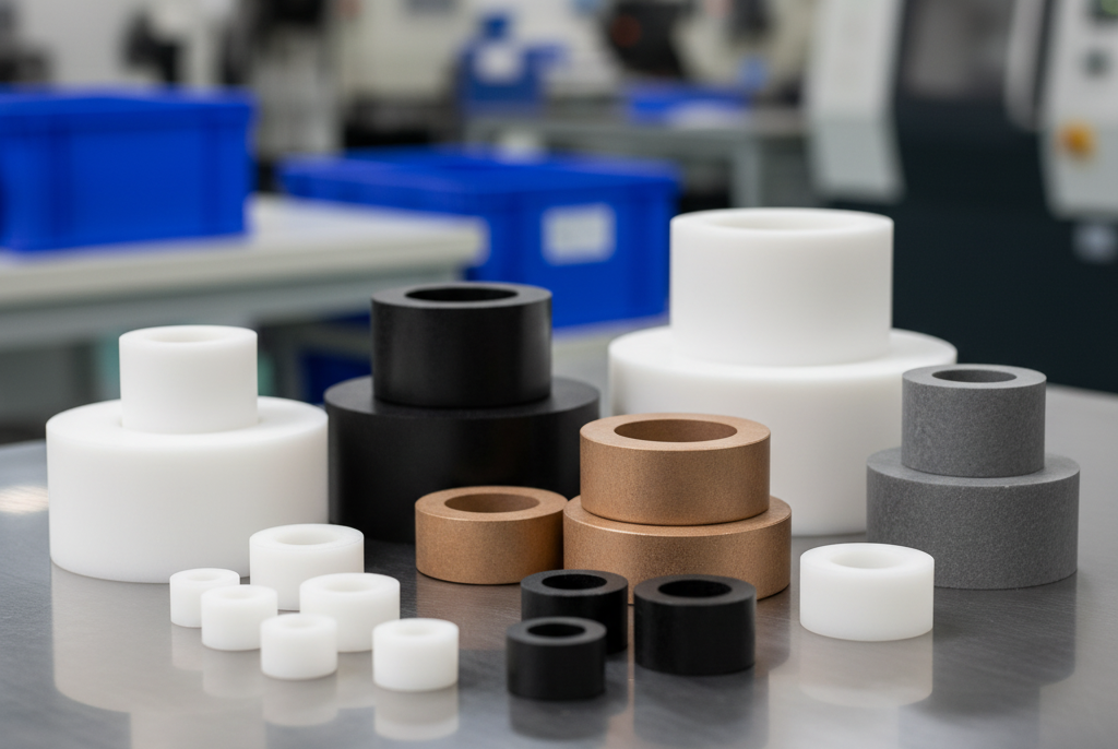 Close-up of PTFE bushes in various sizes and colors, including white, black (carbon-filled), and bronze (bronze-filled), illustrating the range of materials and precision molding for industrial applications.