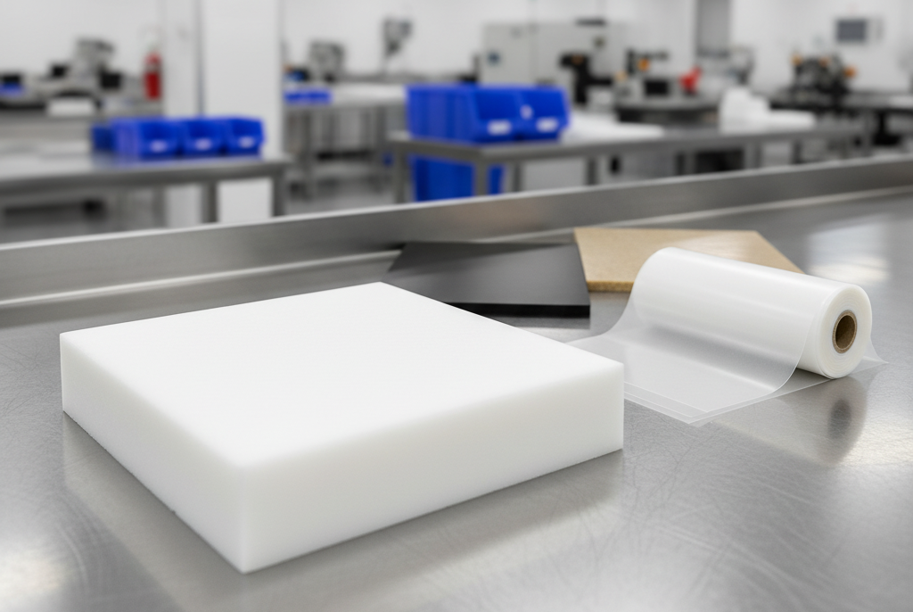 A studio shot showcasing various PTFE sheets, including thick white molded slabs, a roll of thin transparent skived sheet, and smaller colored samples of filled PTFE (carbon, glass, bronze), illustrating material versatility.