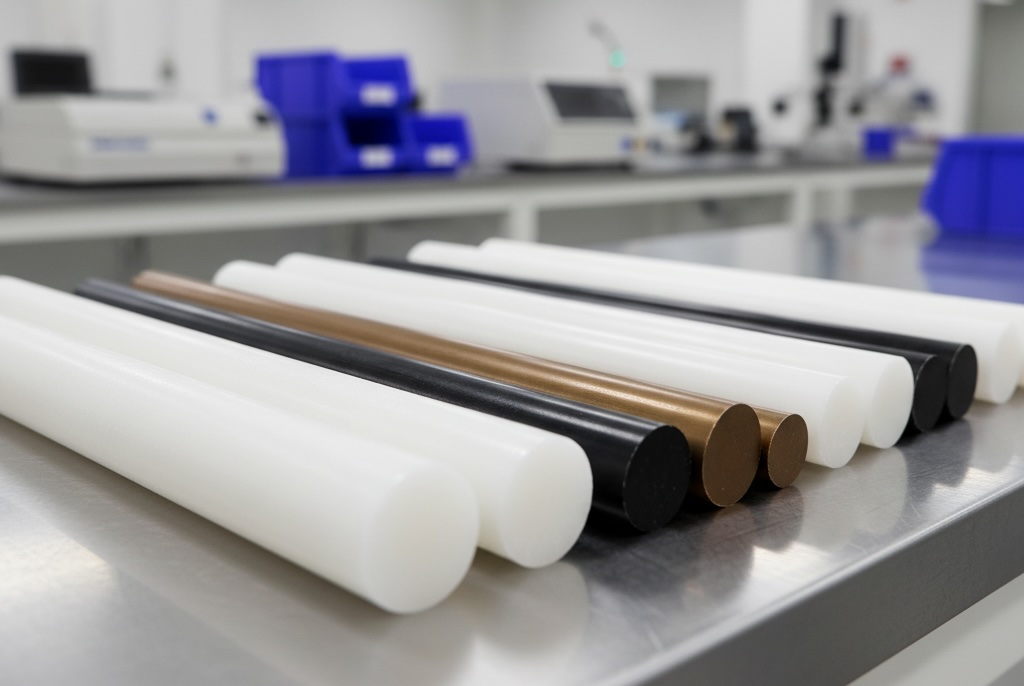 Close-up view of PTFE rods in different diameters and lengths, including white virgin PTFE and colored filled grades (carbon, glass, bronze), highlighting the product range and precision machining stock.